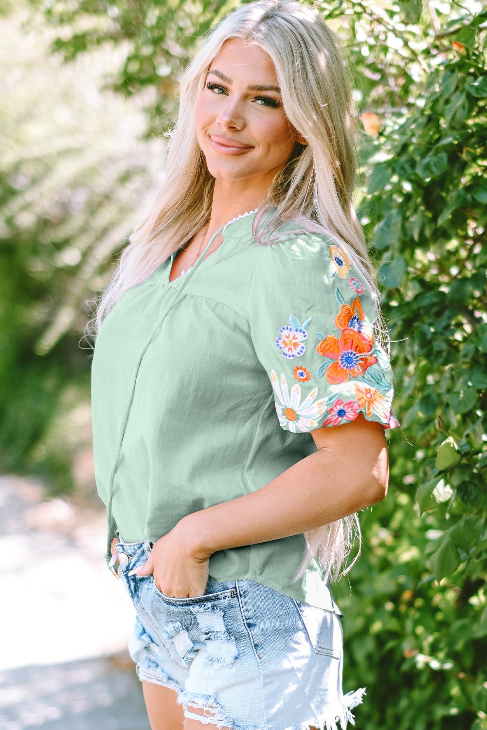 Clearly Aqua Floral Embroidered Puff Sleeve Split Neck Blouse