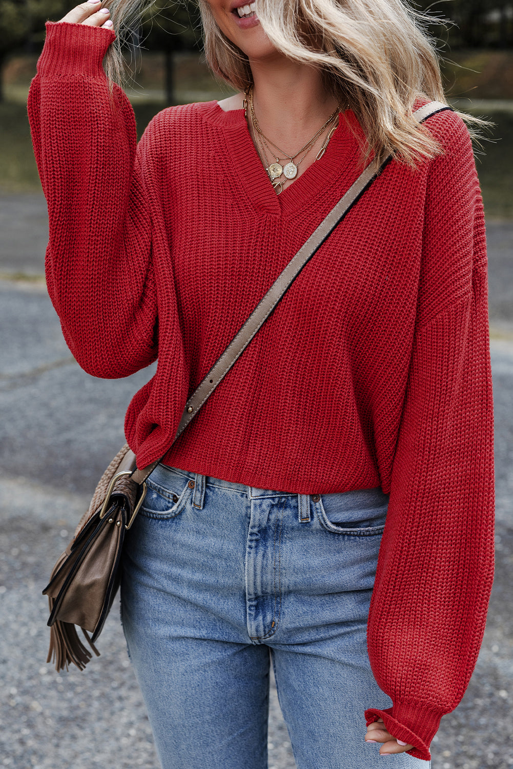 Racing Red Solid Textured Knit V Neck Drop Shoulder Sweater