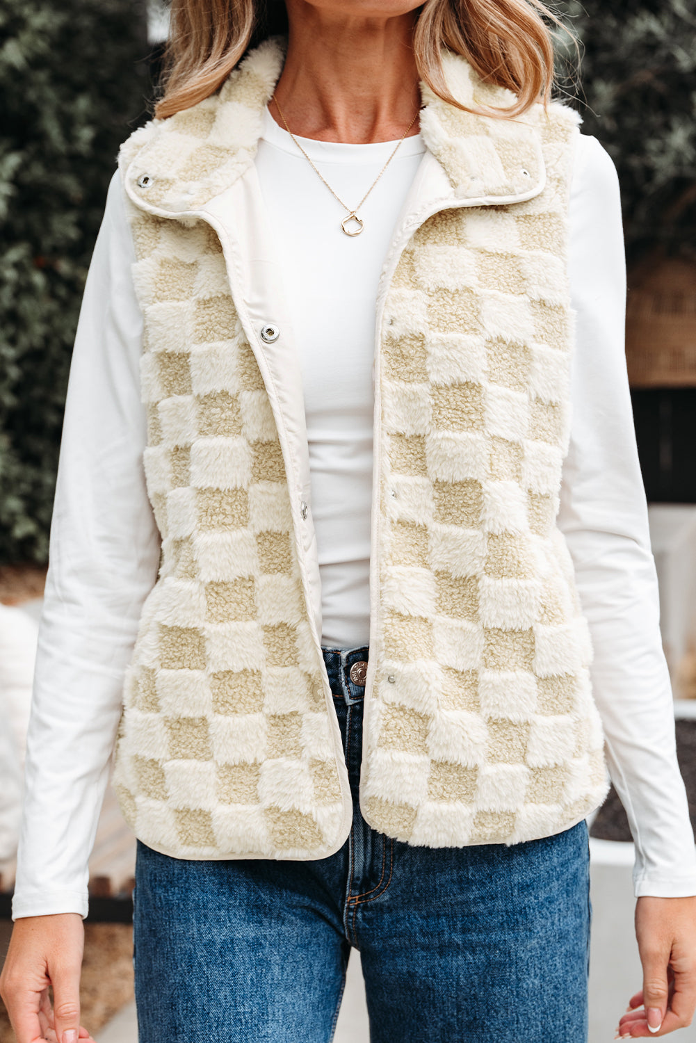 Khaki Sherpa Checkerboard Snap Button Vest Jacket With Pocket