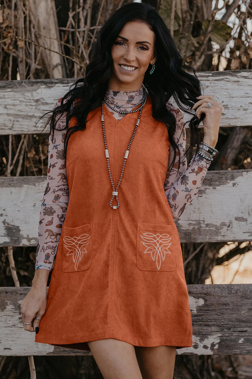 Gold Flame Corduroy Western Embroidered Patched Pocket Shift Sleeveless Mini Dress