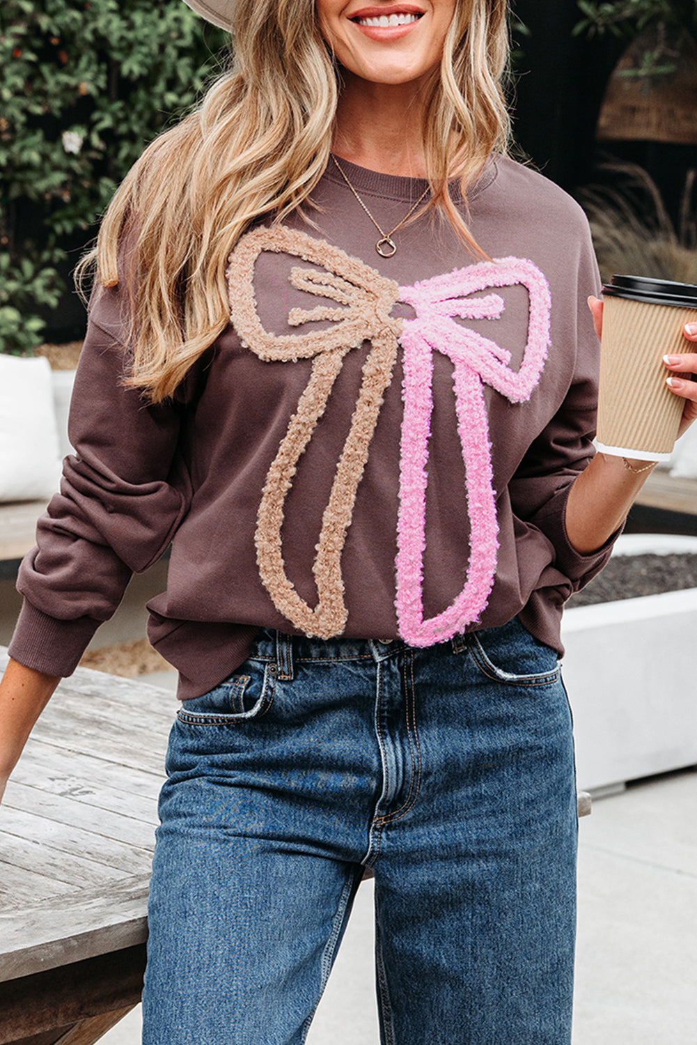 Dark Khaki Contrast Terry Bow Pattern Drop Shoulder Sweatshirt