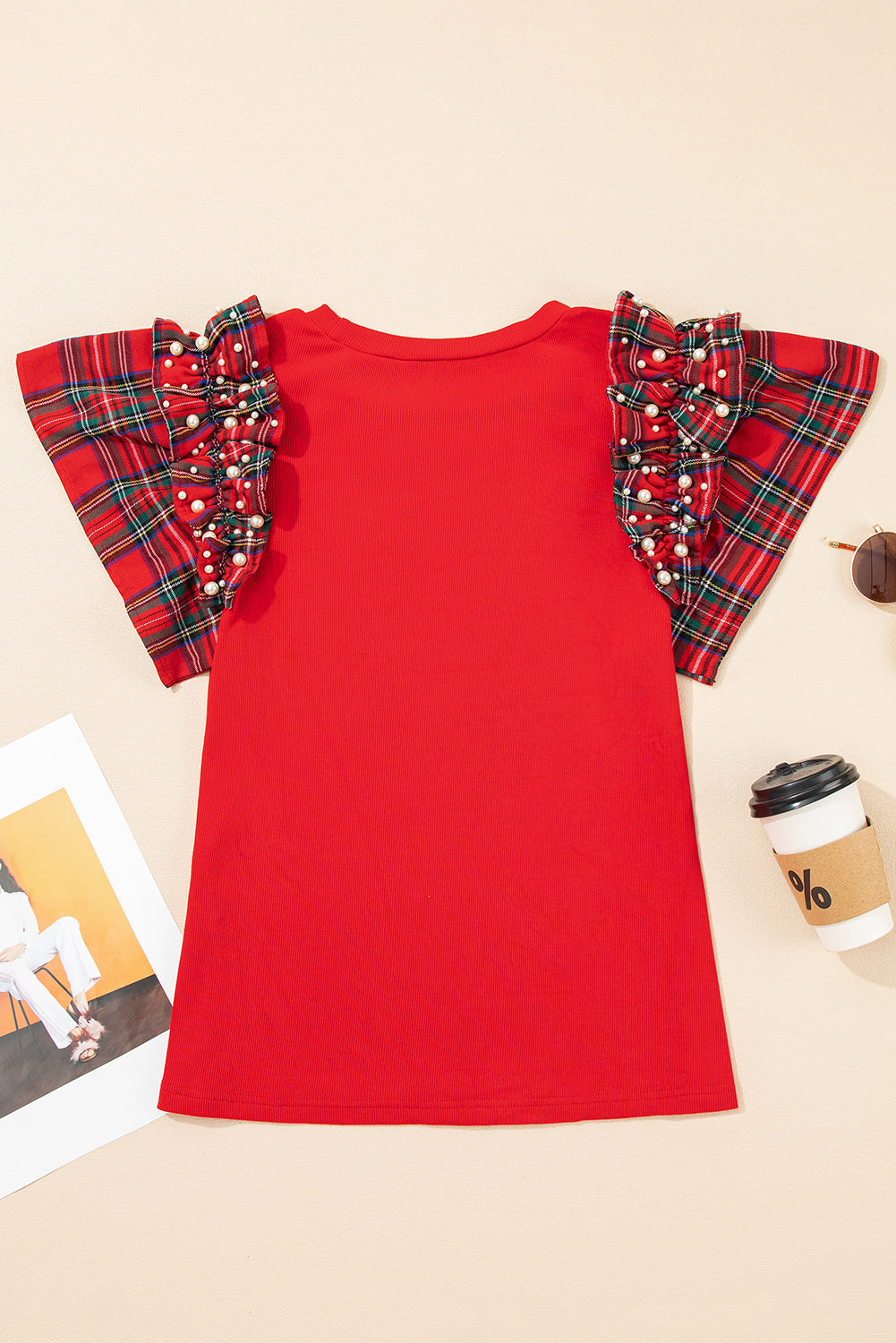 Racing Red Plaid Pearl Ruffle Short Sleeve Loose T Shirt