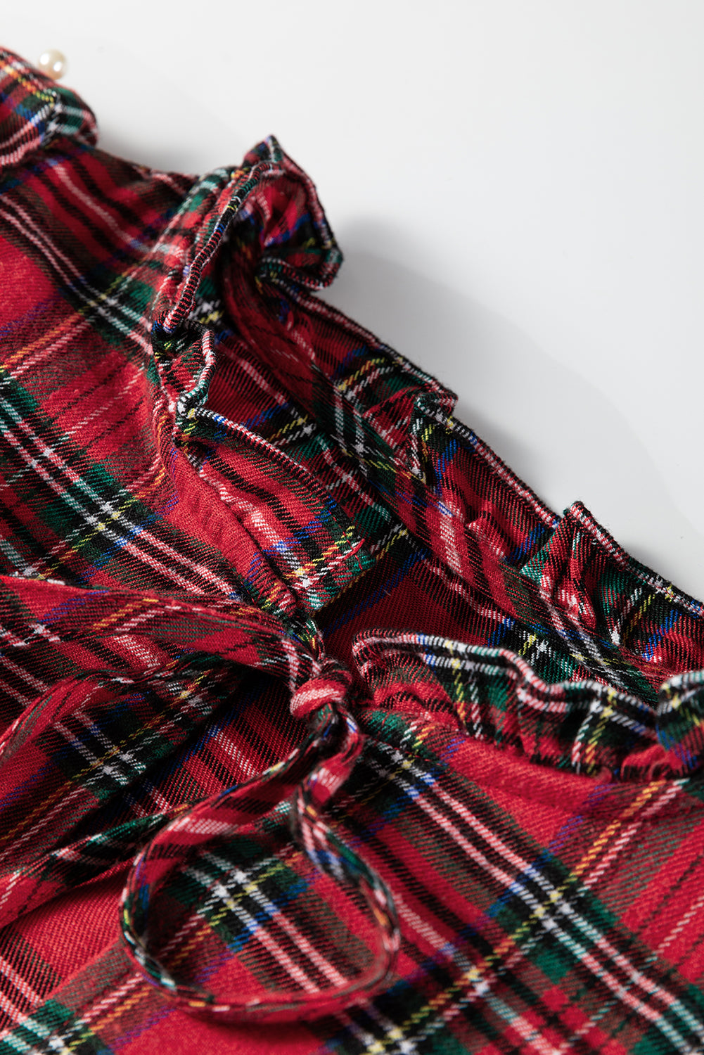 Red Festive Plaid Pearl Embellished Ruffle Short Sleeve Blouse