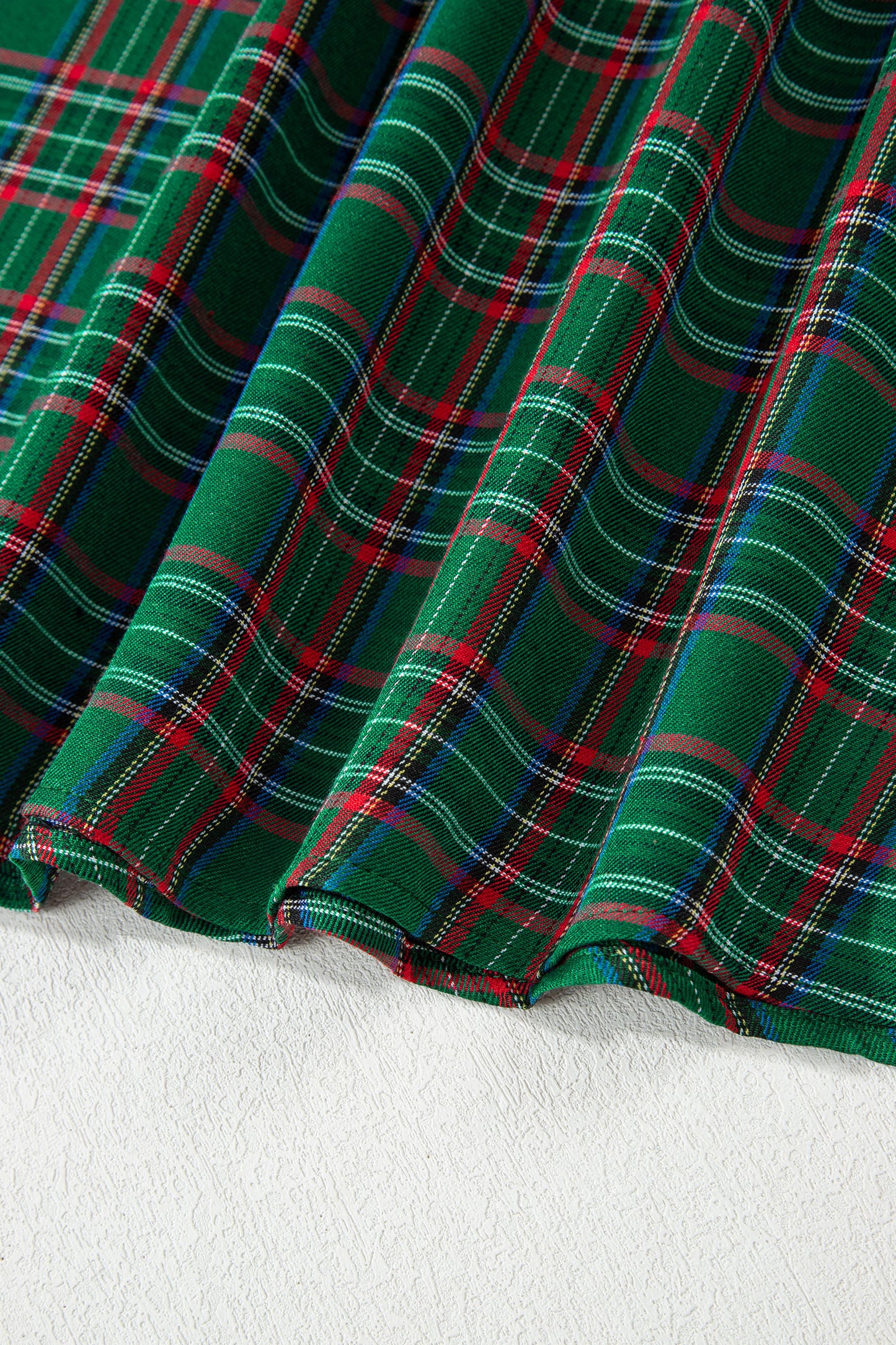 Green Tartan Plaid Square Neck Puff Sleeve Knot Waist Flared Midi Dress