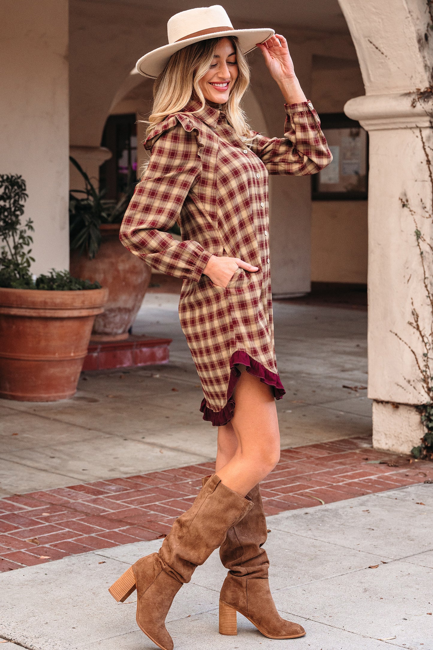 Red Plaid Print Ruffled Long Sleeve Patchwork Hem Mini Shirt Dress