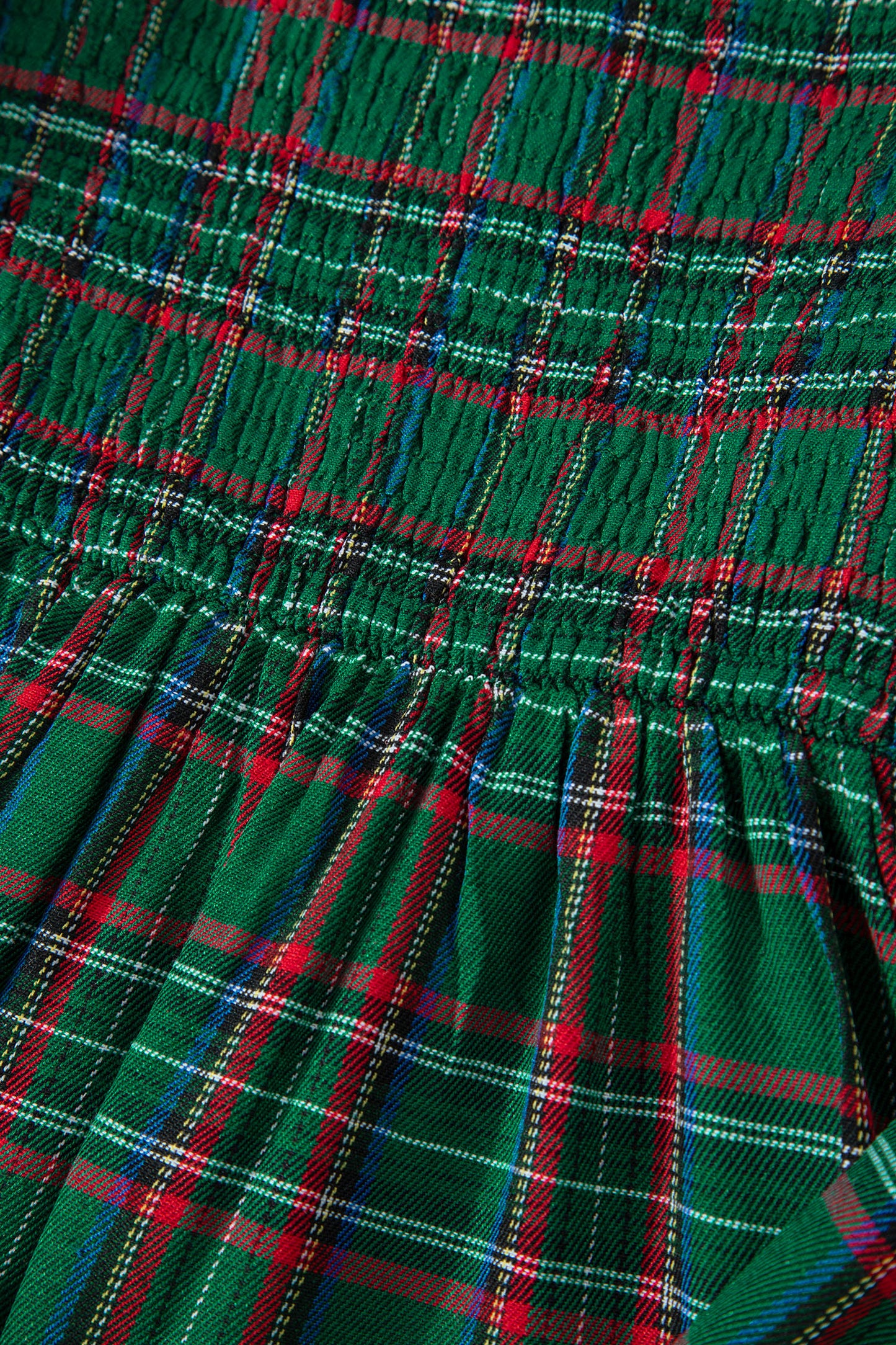 Green Tartan Plaid Square Neck Puff Sleeve Knot Waist Flared Midi Dress