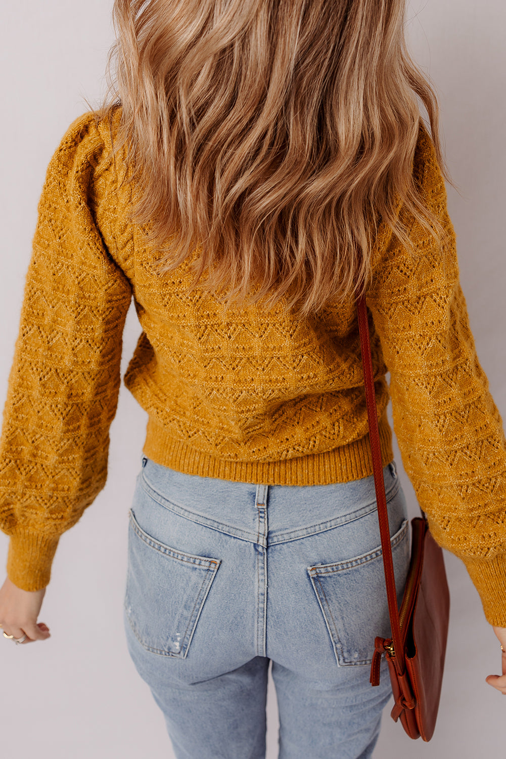 Jurassic Gold Hollow Out Crochet Ribbed Edge Balloon Sleeve Sweater