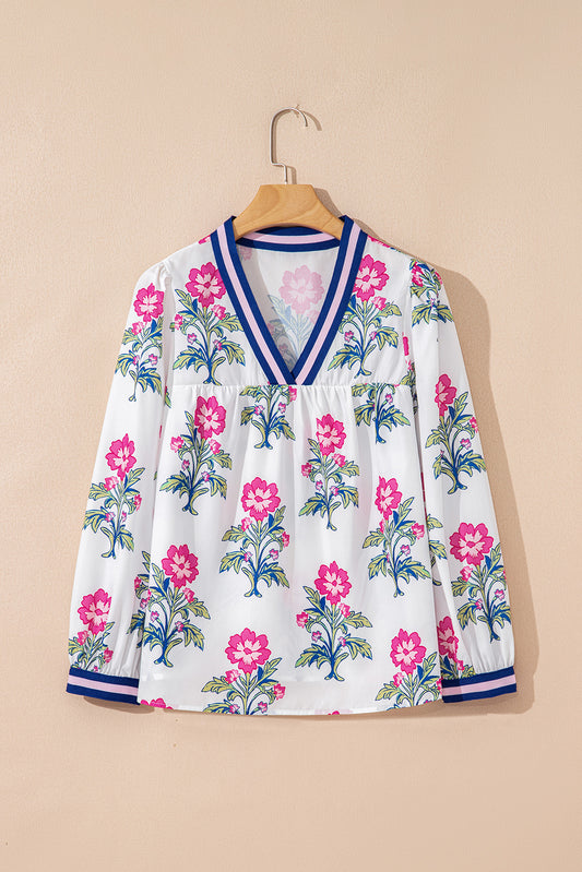 White Floral Print Striped V Neck Blouse