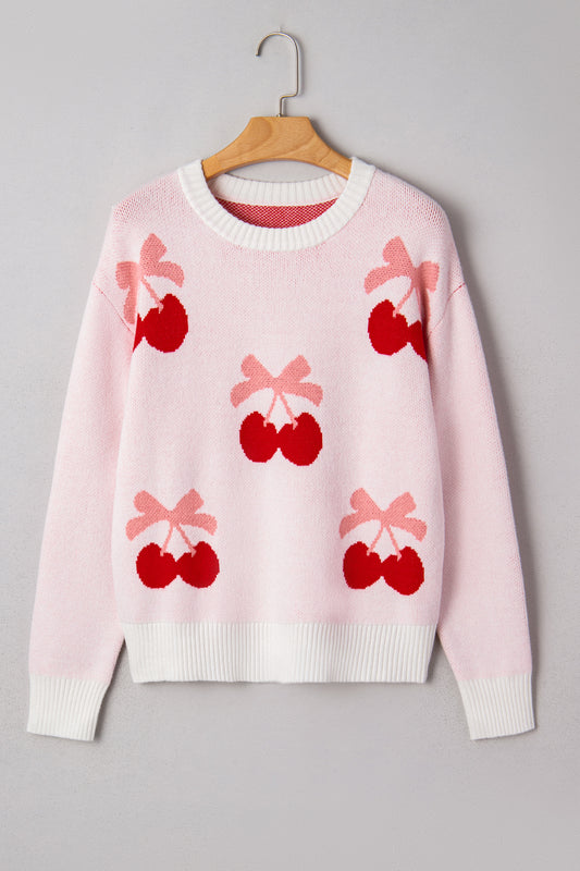 White Cherry Pattern Drop Shoulder Sweater
