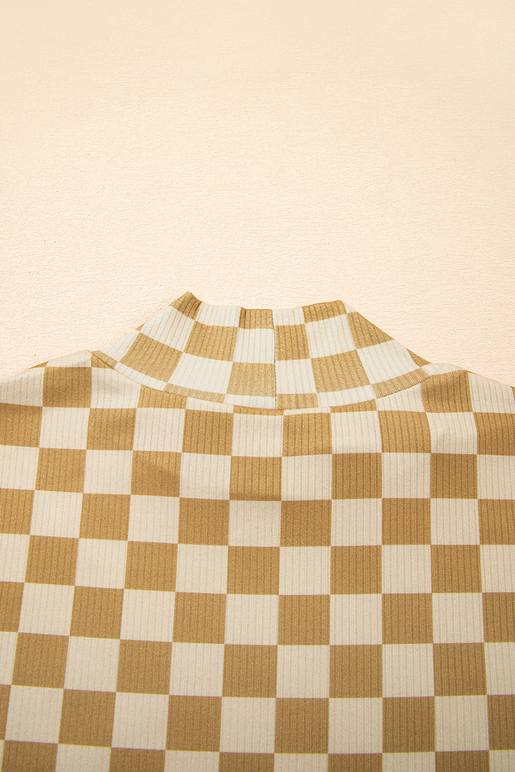Khaki Check Pattern Turtleneck Ribbed Slim Long Sleeve Tee