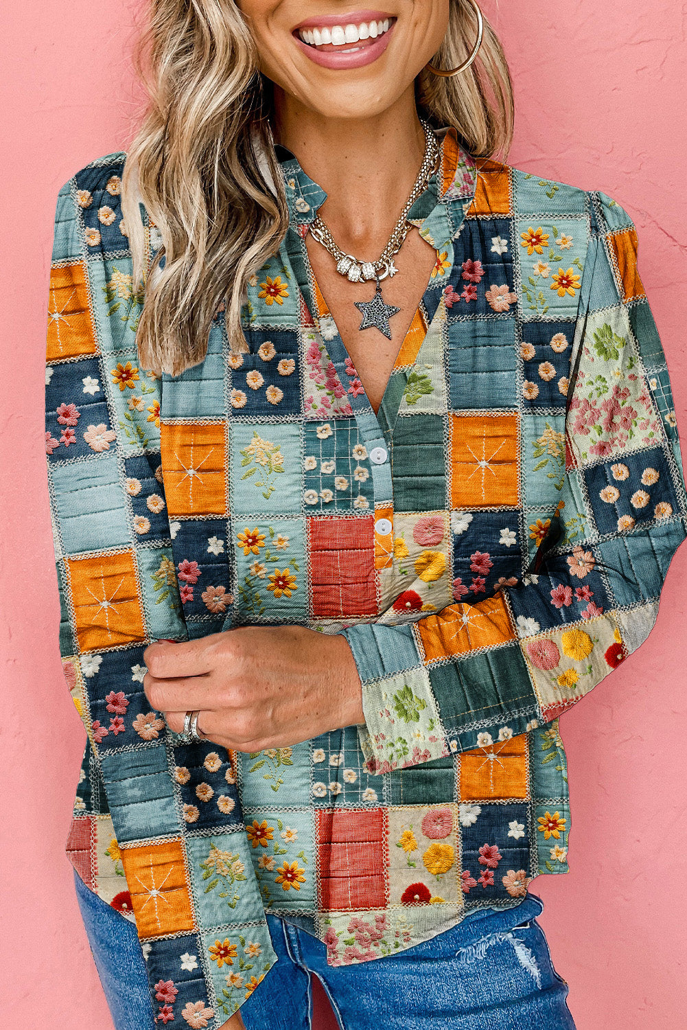 Sky Blue Fall Floral Half Placket Collared V Neck Blouse