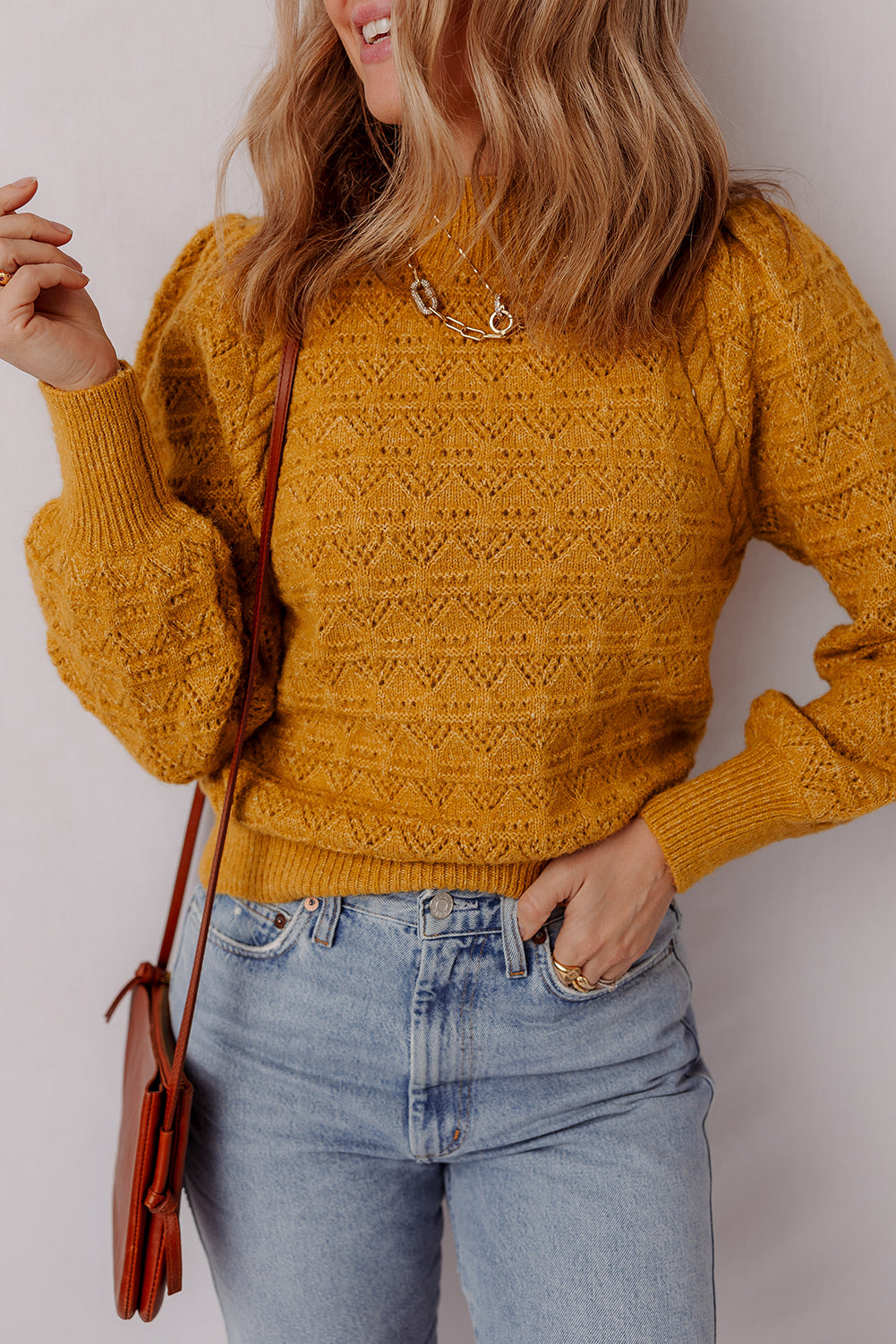 Jurassic Gold Hollow Out Crochet Ribbed Edge Balloon Sleeve Sweater