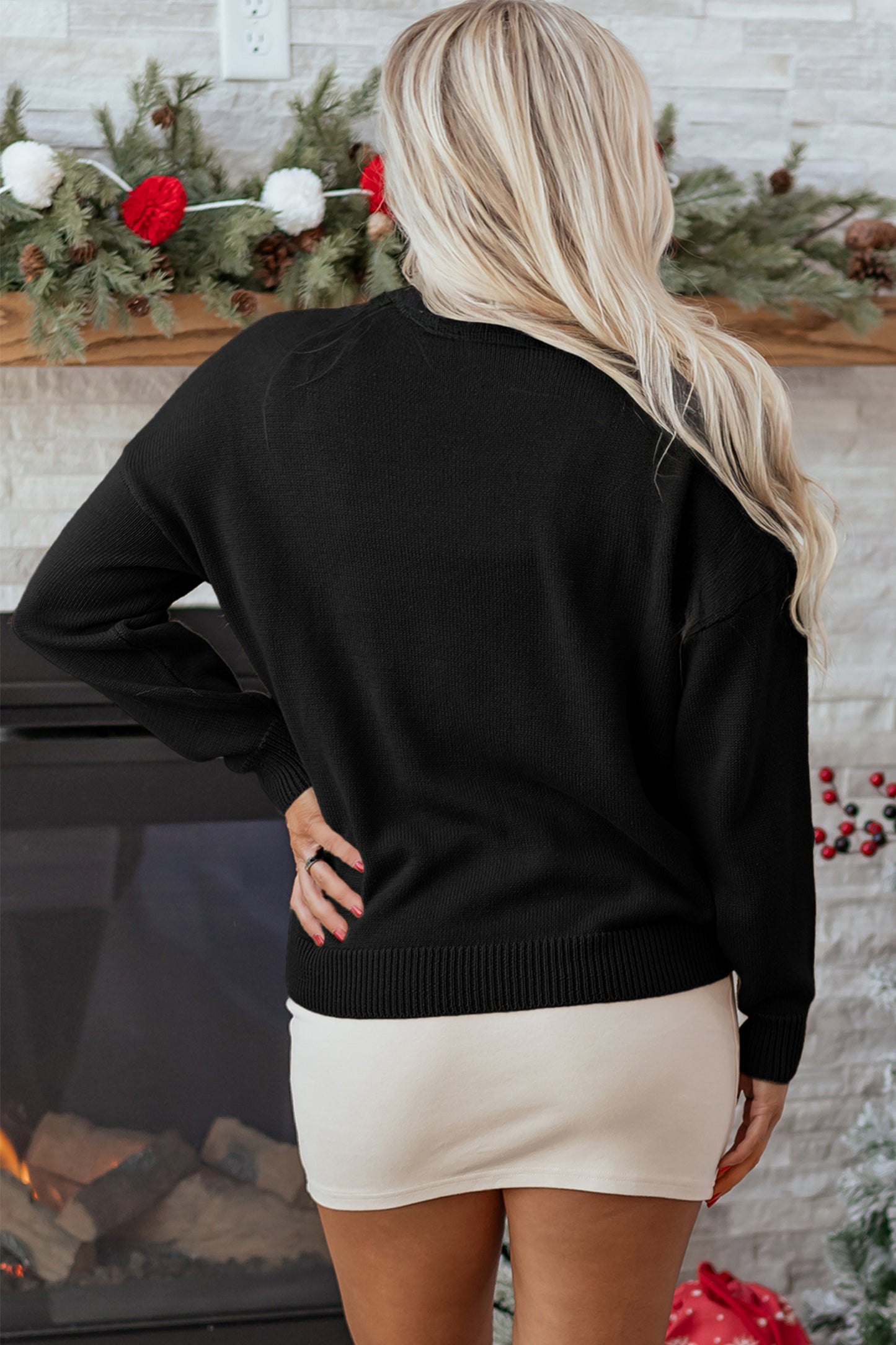 Black Merry Colorful Dot Detail Christmas Drop Shoulder Sweater