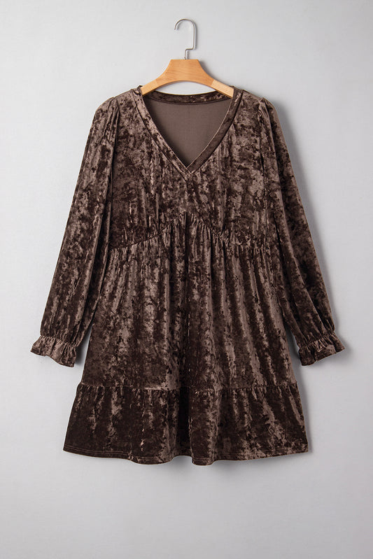 Coffee Plus Size Velvet Babydoll Mini Dress with Puff Sleeve