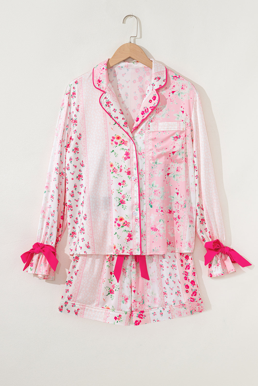 Pink Mixed Floral Print Contrast Piping Trim Satin Tie 2pcs Pajama Set