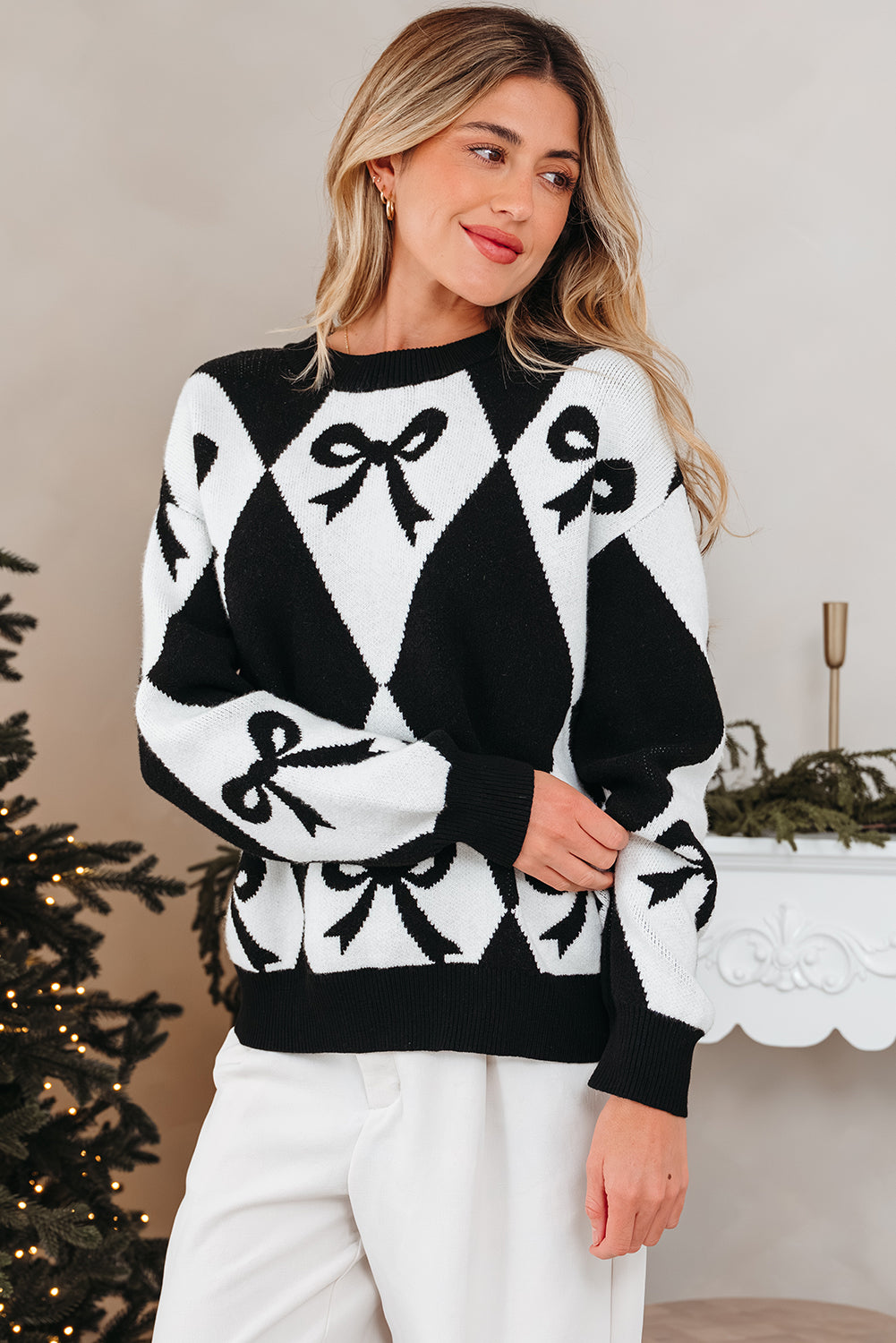 Black Bow Print 2-tone Rhombus Knit Loose Sweater