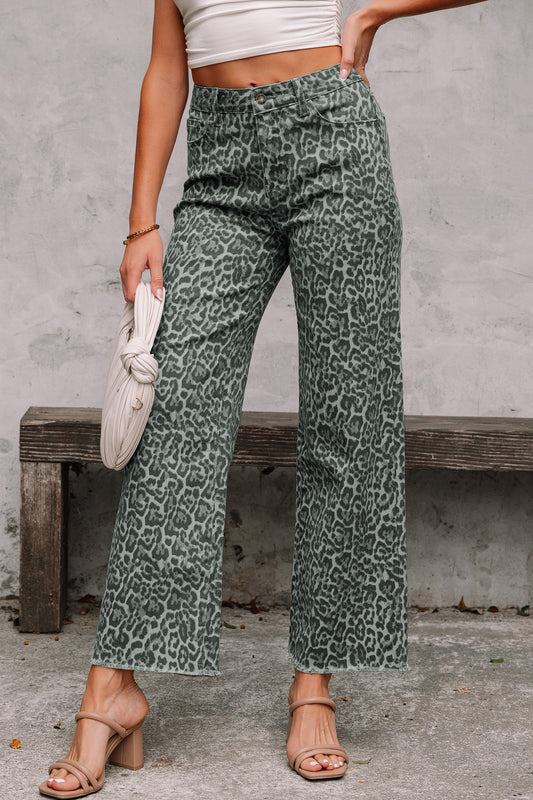Gray Leopard Frayed Edge Wide Leg High Waist Jeans